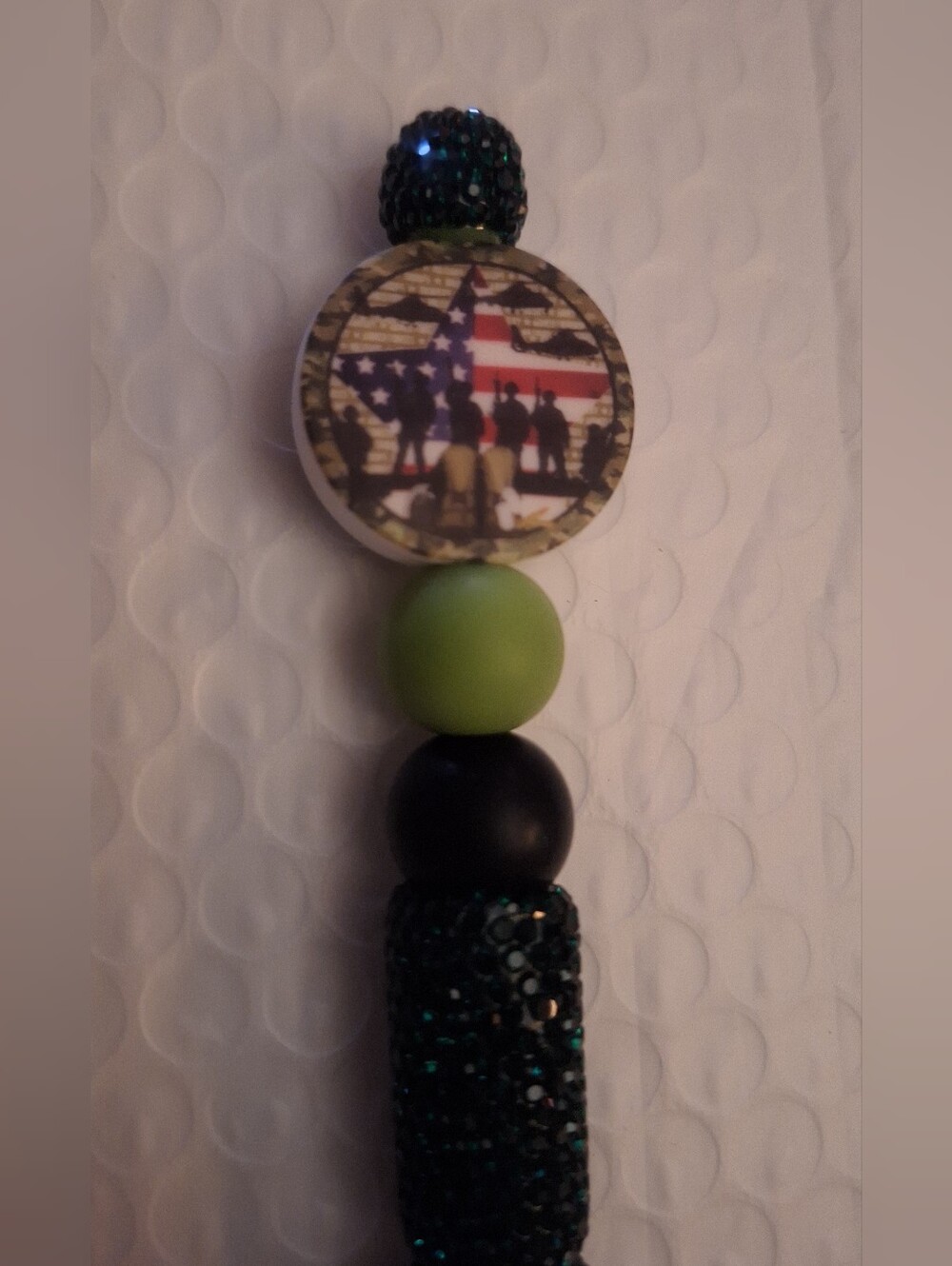 Handmade Miltary or Veteran Dark Green Bling Black Ink Pen w/green & black balls